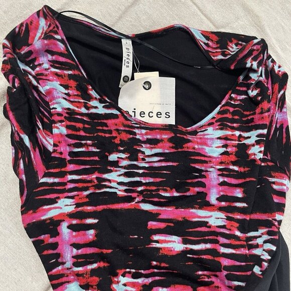 Kensie Pieces NWT Red Pop Combo Dress Sz M Asymmetric Black Rave Disco Abstract - Picture 4 of 14